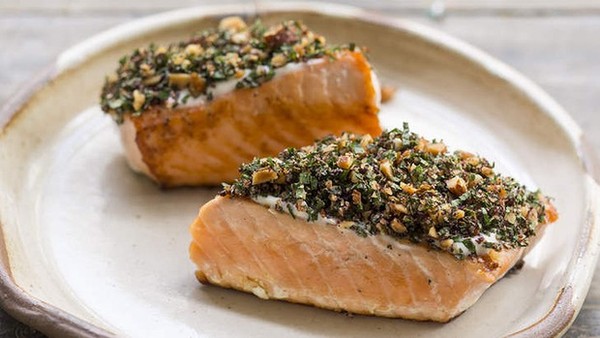 Barbecued salmon with tahini and herbs
