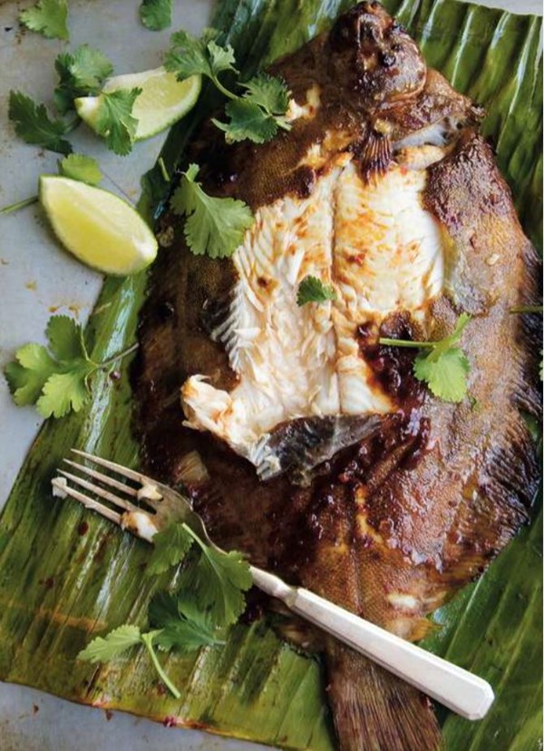 Barbecued sambal lemon sole on banana leaves