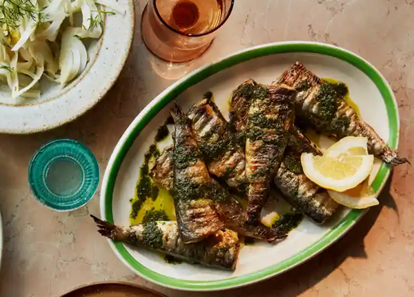 Barbecued sardines with quick pickled fennel and zhoug