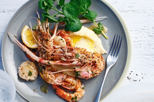 Barbecued seafood with truffle mash