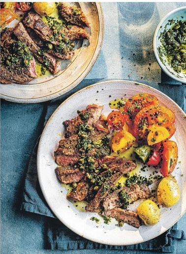 Barbecued sirloin steak with salsa verde