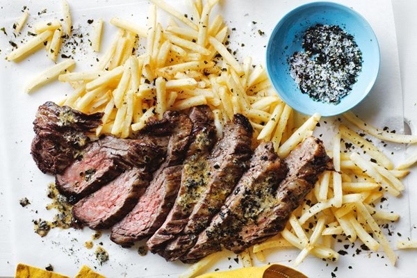 Barbecued skirt steak with oyster, miso and seaweed butter