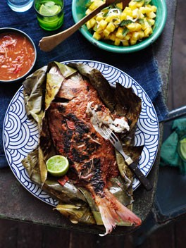 Barbecued snapper in banana leaves with sambal belacan