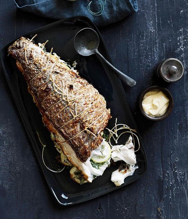 Barbecued snapper with dill, lemons and capers