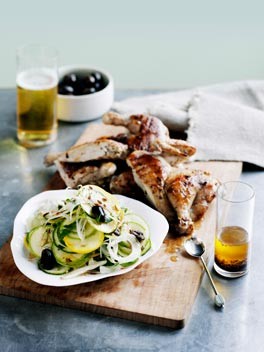 Barbecued spatchcock with zucchini, fennel and olive salad 