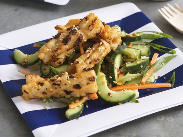 Barbecued squid and cucumber salad