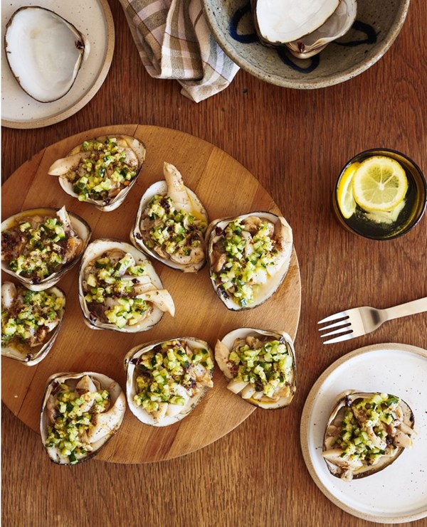 Barbecued storm shell clams with karengo miso butter & zucchini