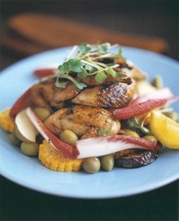 Barbecued thyme-marinated quail on a salad of sweetcorn, aubergine, red chicory, pear and green olives