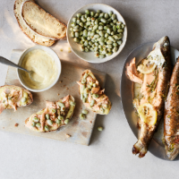 Barbecued trout with charred broad beans and lemon mayo