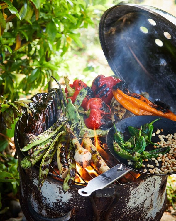 Barbecued vegetables with herby shallot and tahini dressing
