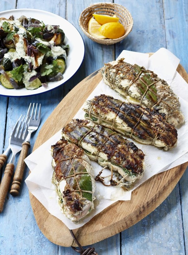Barbecued whole fish with garlic and herb butter