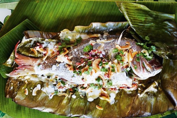Barbecued whole snapper with coconut miti sauce