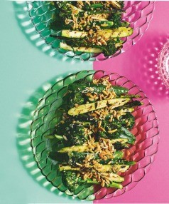 Barbecued zucchini and broccoli with seed and almond brown butter