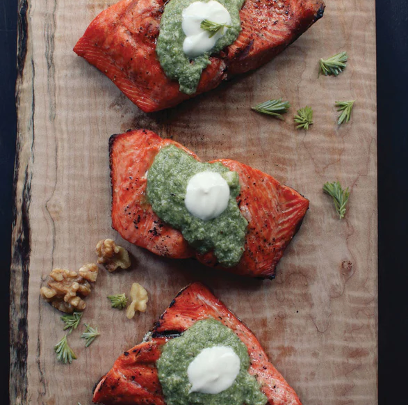 Barbequed salmon with tree tip pesto