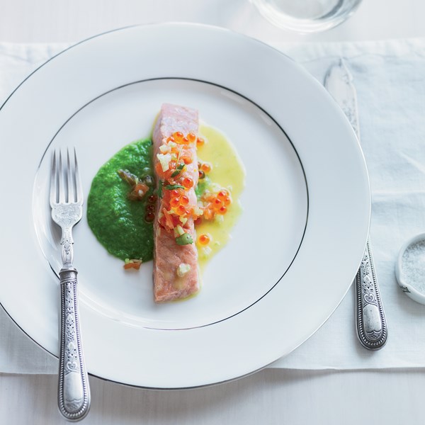 Barely cooked salmon with pea-wasabi puree & yuzu butter sauce [Eric Ripert]