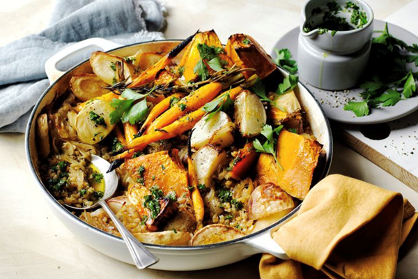 Barley and pumpkin pot roast with tarragon gremolata