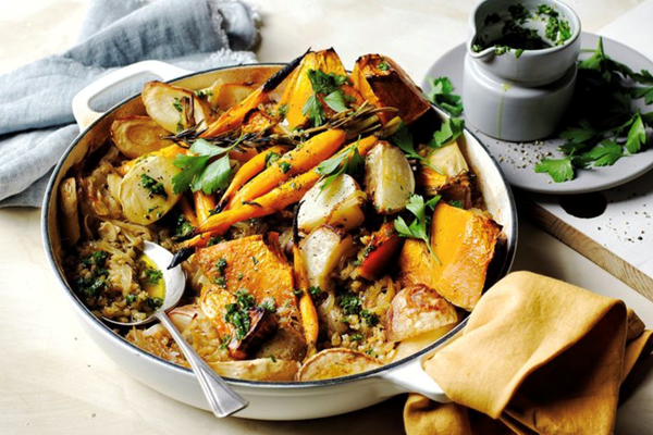 Barley and pumpkin pot roast with tarragon gremolata