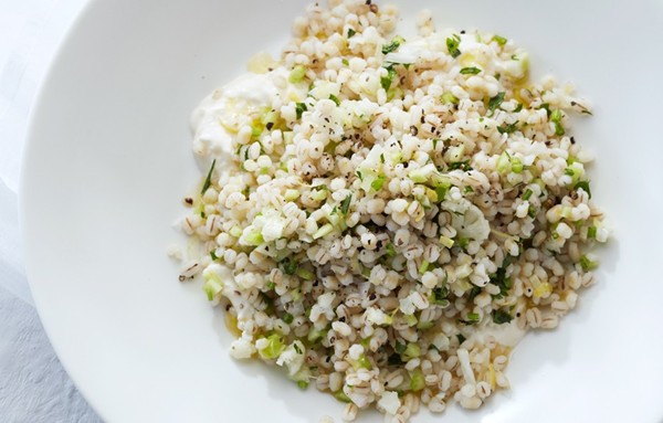 Barley, cauliflower, and herbs with burrata