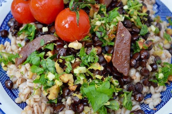 Barley lentil dinner with walnut gremolata and roasted tomatoes