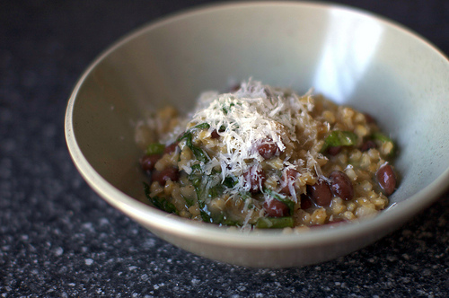 Barley risotto with beans and greens