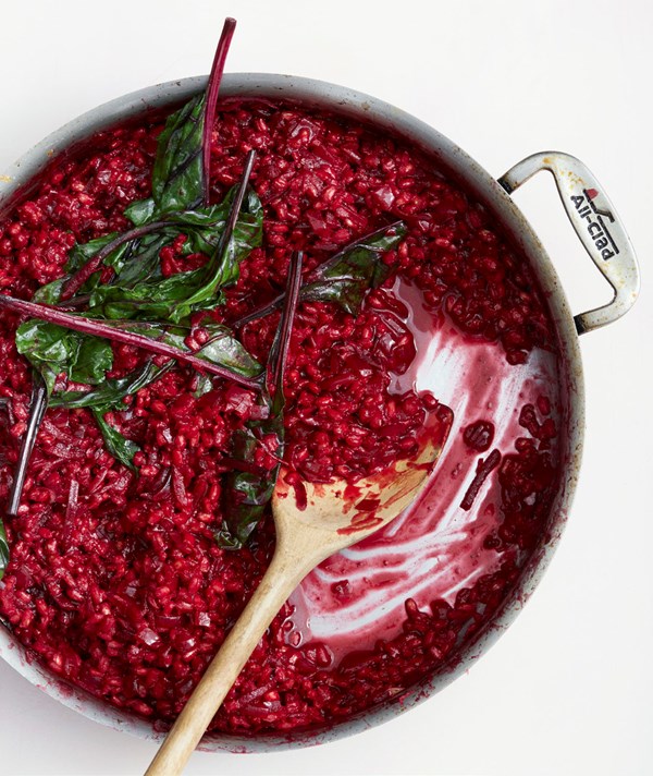 Barley risotto with beets and greens