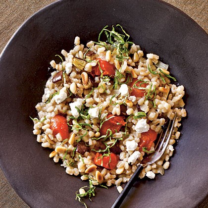 Barley risotto with eggplant and tomatoes