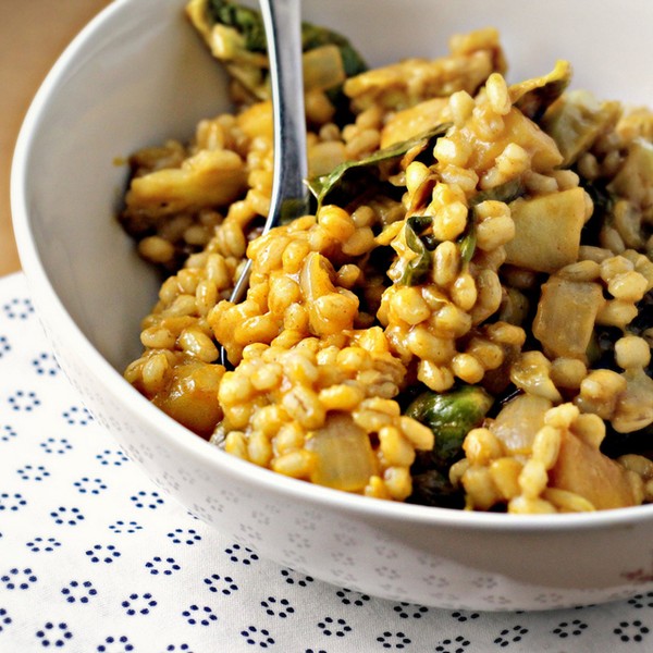 Barley risotto with roasted Brussels sprouts, apples and champagne honey mustard