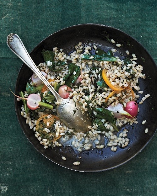 Barley risotto with Swiss chard, radishes, and preserved lemon