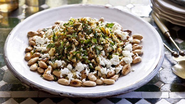 Barley, roasted cauliflower, almond and feta salad