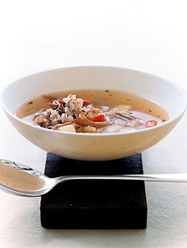 Barley soup with duck confit and root vegetables