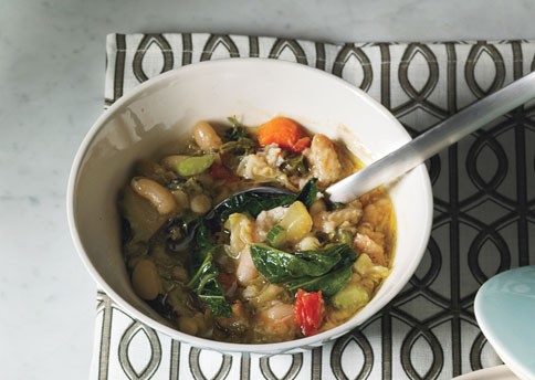 Barley soup with greens, fennel, lemon, and dill