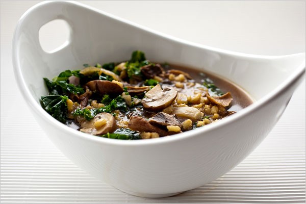 Barley soup with mushrooms and kale