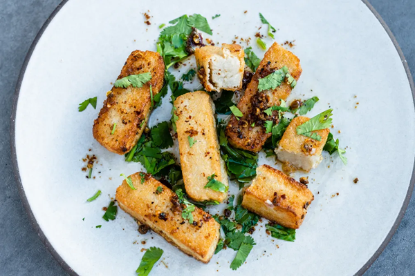 Barley "tofu" with garlicky chili oil