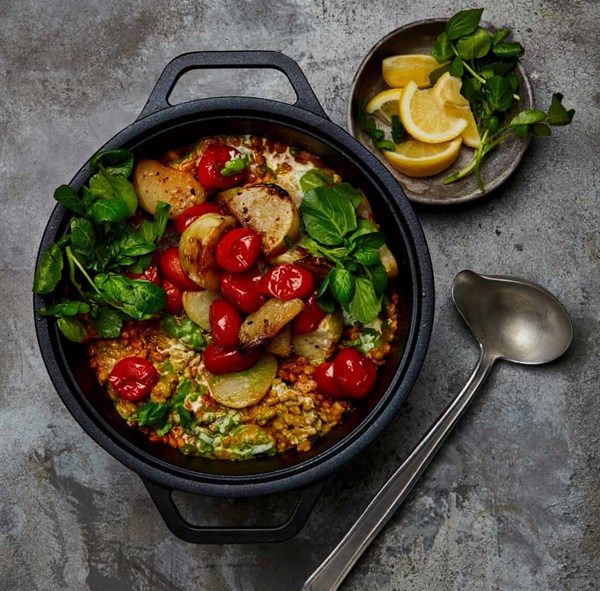 Barley, tomato and watercress stew