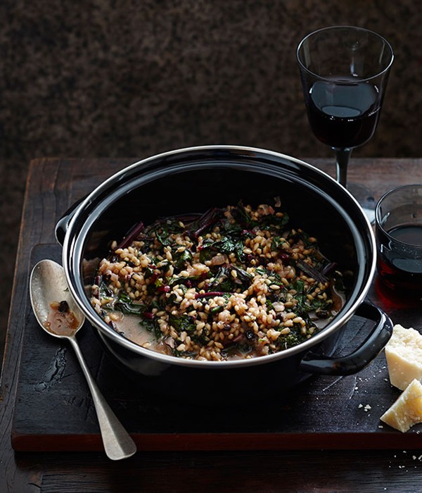 Barley with beetroot greens