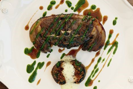 Barnsley chop (Grilled Barnsley chop with devilled kidneys, nettle and mint sauce)