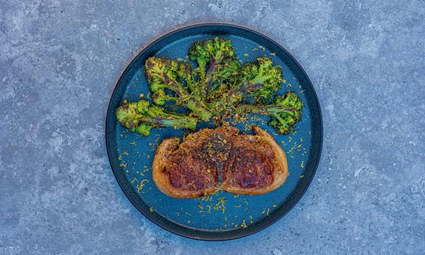 Barnsley chops, purple sprouting broccoli, bottarga (or anchovies)