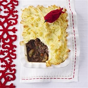 Barolo-braised beef and shallot pie with parsnip and potato mash