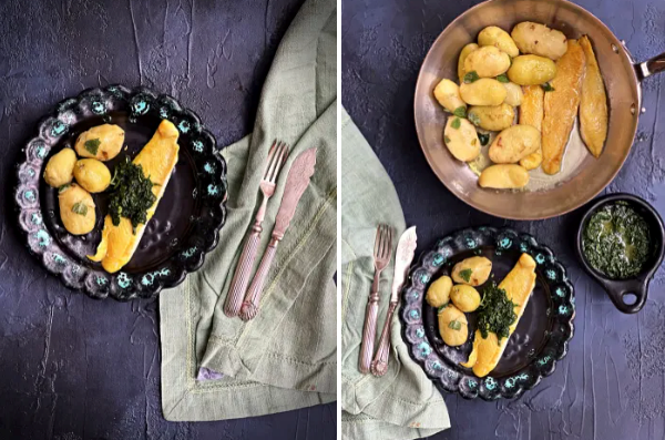 Barr filets with rocket pesto and pommes à la vapeur