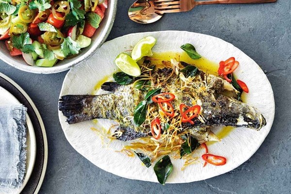Barramundi, lemongrass and lime leaves