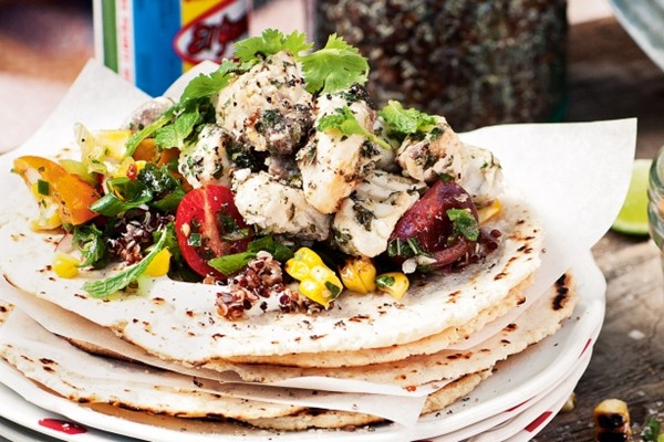 Barramundi tacos with black quinoa and corn salsa