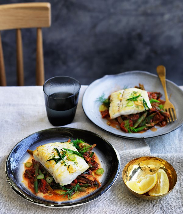 Barramundi with braised green beans, dill and mint