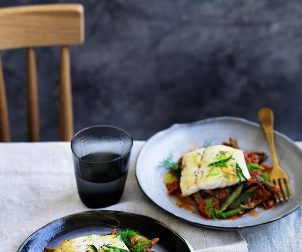 Barramundi with braised green beans, dill and mint