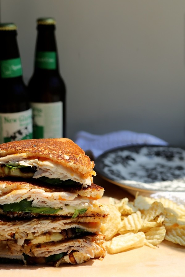Basil and apricot grilled cheese with turkey and caramelized onions
