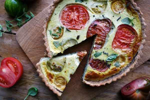 Basil and pea heirloom tomato tart