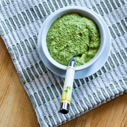 Basil, arugula, scallion, and lemon pesto sauce for grilled fish, chicken, meat or vegetables