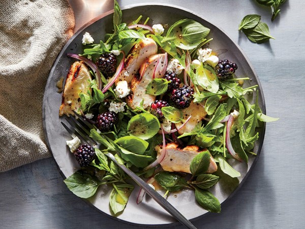 Basil, blackberry, and grilled chicken salad