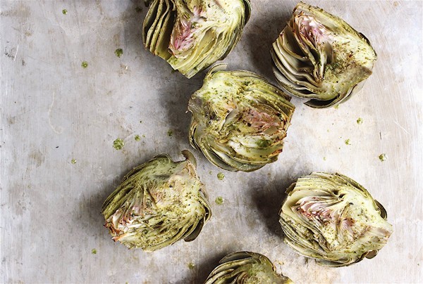 Basil-brushed roasted artichokes