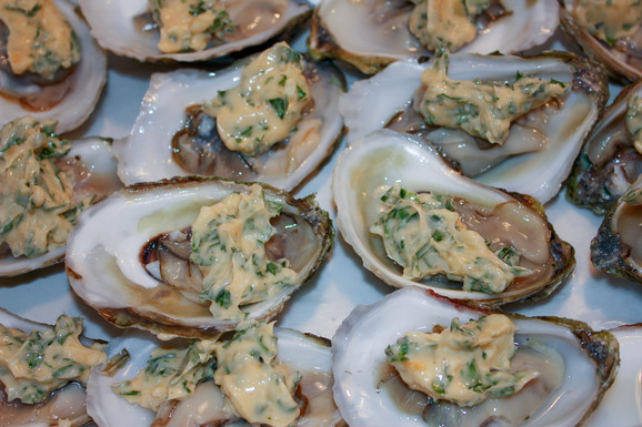 Basil butter broiled oysters