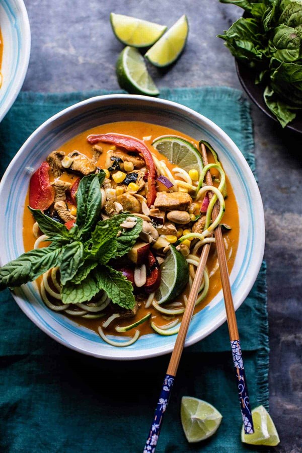 Basil chicken curry zucchini noodle bowls